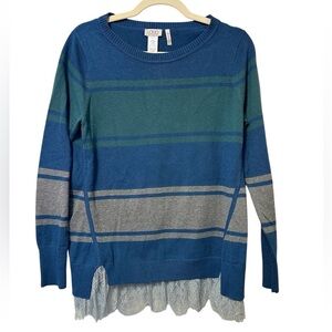LOGO by Lori Goldstein Blue Gray‎ Stripe Sweater Pullover Cashmere Cotton Lace M